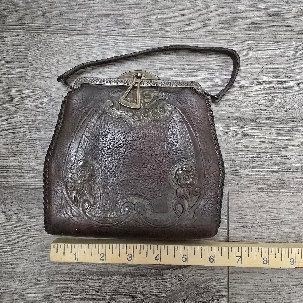 Antique Early 1900's Hand Tooled Leather Hand Bag Art Nouveau Deep Brown - Picture 10 of 13